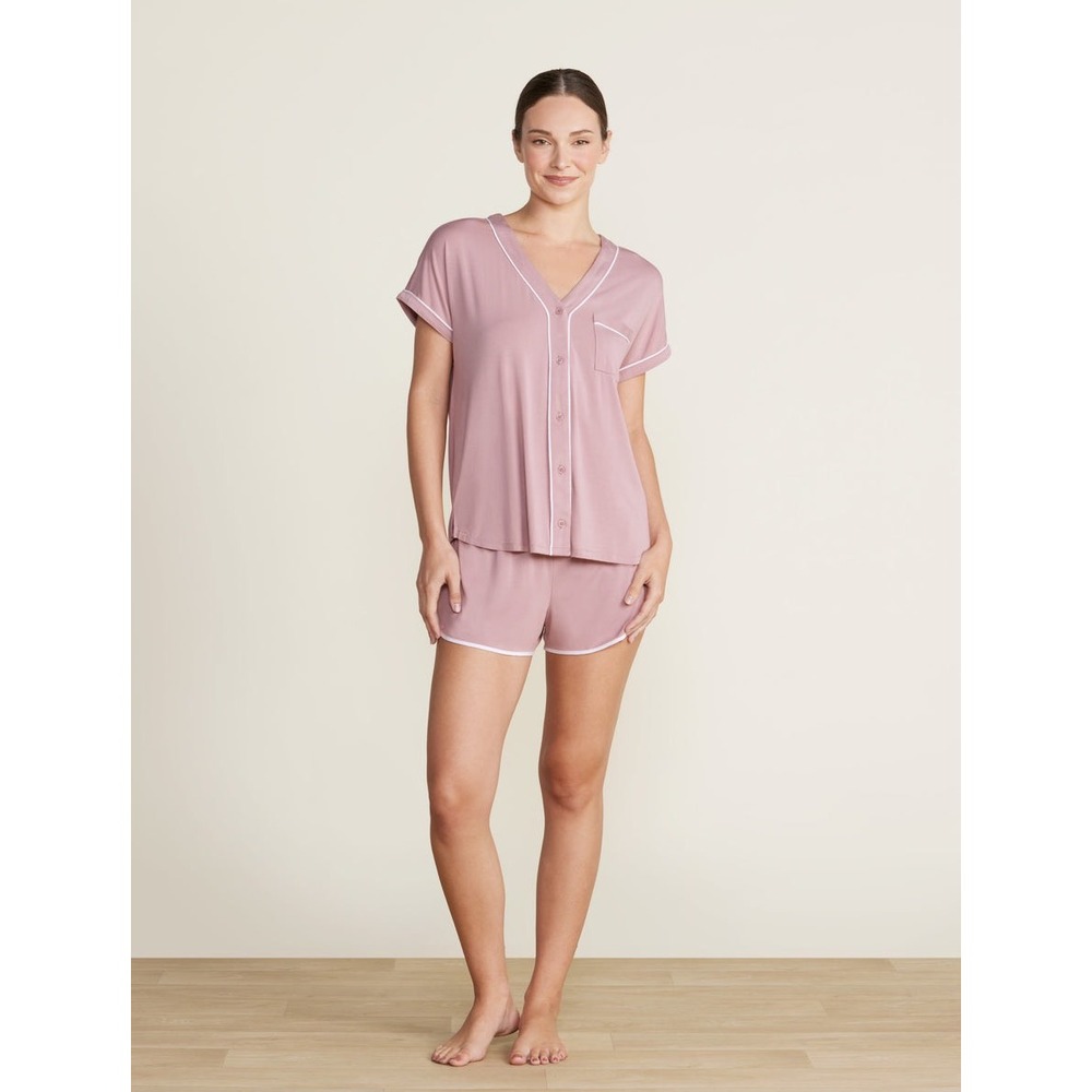 Barefoot Dreams Malibu Soft Jersey Piped PJ Set Teaberry White BDWMC22293 ‎ M